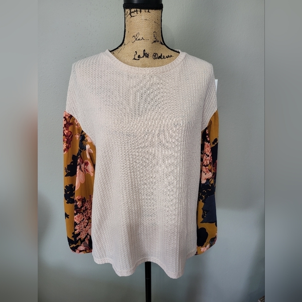Umgee Cream Sweater with Floral Sleeves